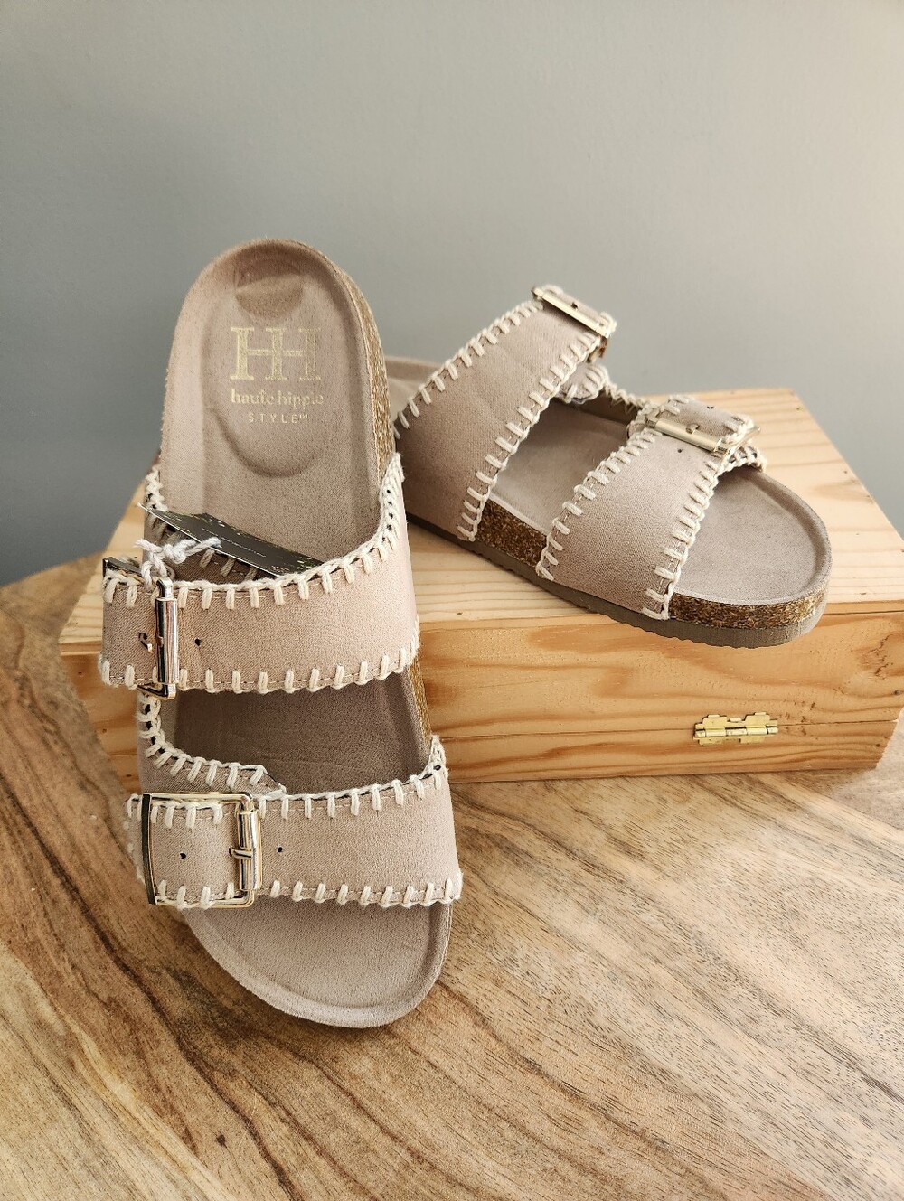 Haute Hippie Taupe Double-Buckle Embroidered Slide Sandals - Picture 13 of 16